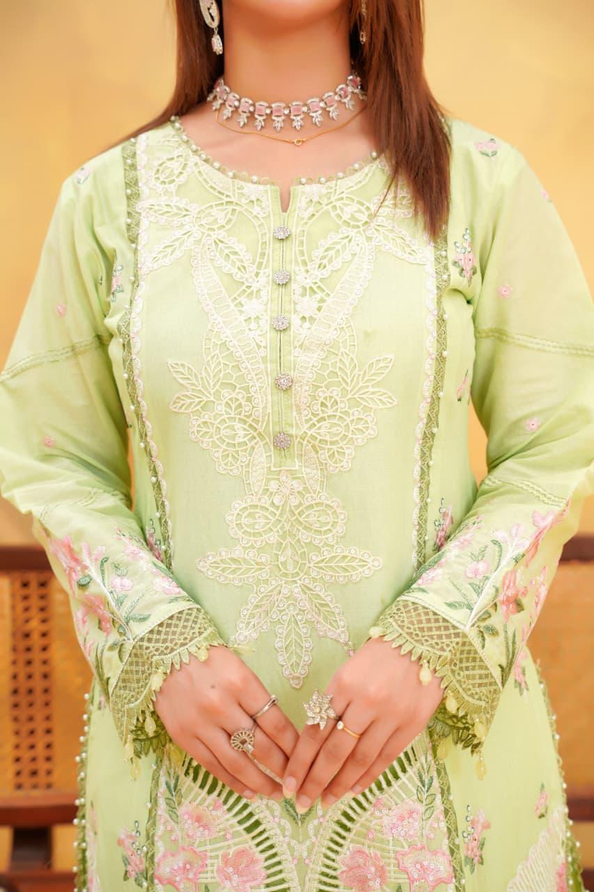 Mint Green Embroidered Cotton 3 Piece Suit for Women | Premium Quality