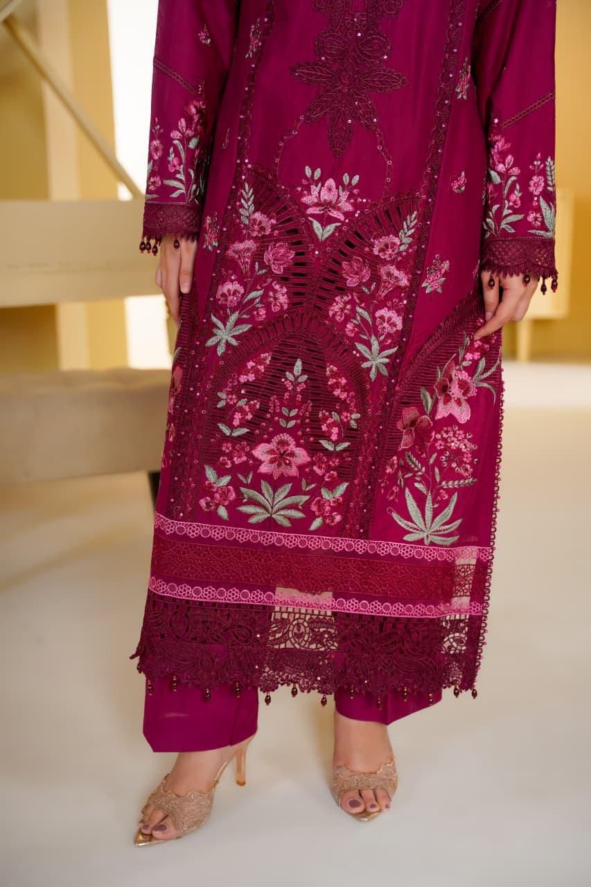 Women's Maroon Embroidered Cotton 3 Piece Suit with Printed Dupatta