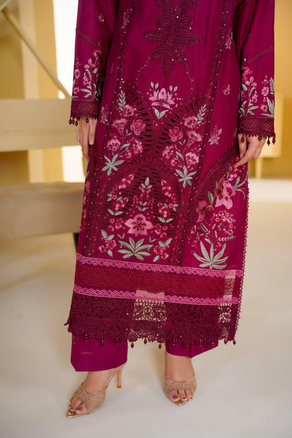 Women's Maroon Embroidered Cotton 3 Piece Suit with Printed Dupatta