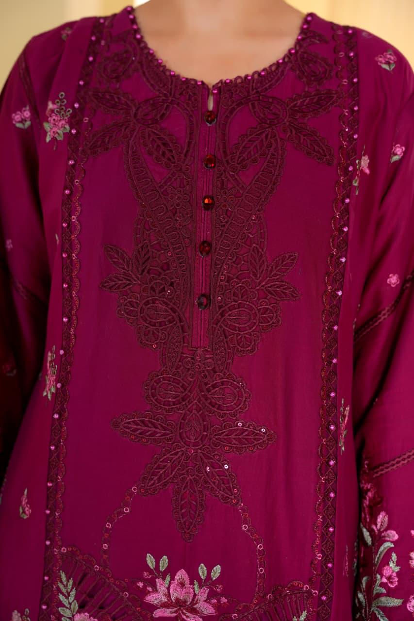 Women's Maroon Embroidered Cotton 3 Piece Suit with Printed Dupatta