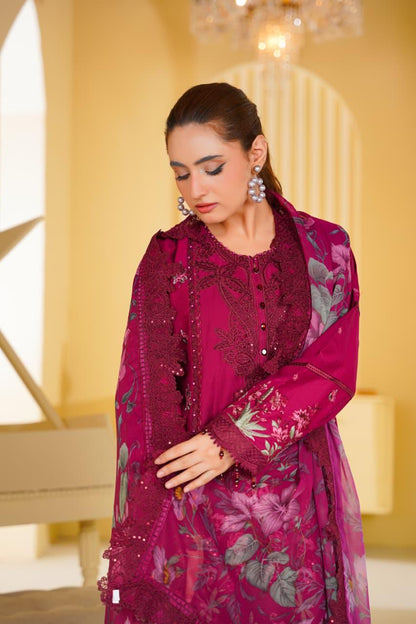 Women's Maroon Embroidered Cotton 3 Piece Suit with Printed Dupatta