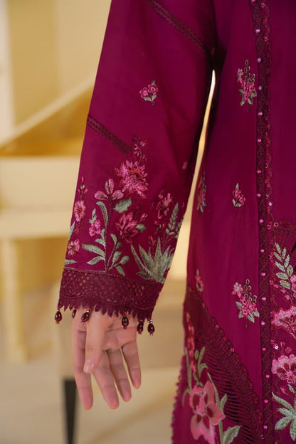 Women's Maroon Embroidered Cotton 3 Piece Suit with Printed Dupatta