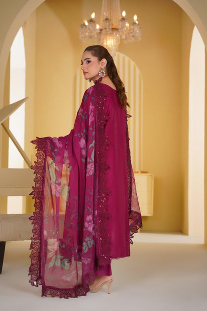Women's Maroon Embroidered Cotton 3 Piece Suit with Printed Dupatta