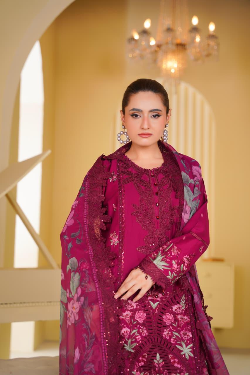 Women's Maroon Embroidered Cotton 3 Piece Suit with Printed Dupatta