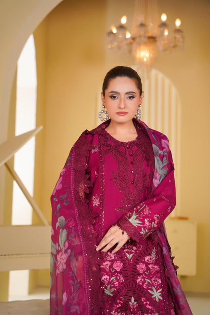 Women's Maroon Embroidered Cotton 3 Piece Suit with Printed Dupatta