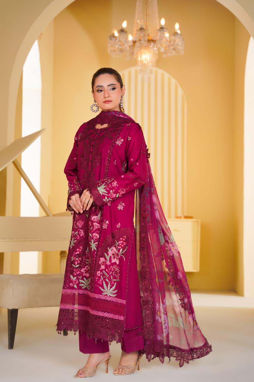 Women's Maroon Embroidered Cotton 3 Piece Suit with Printed Dupatta