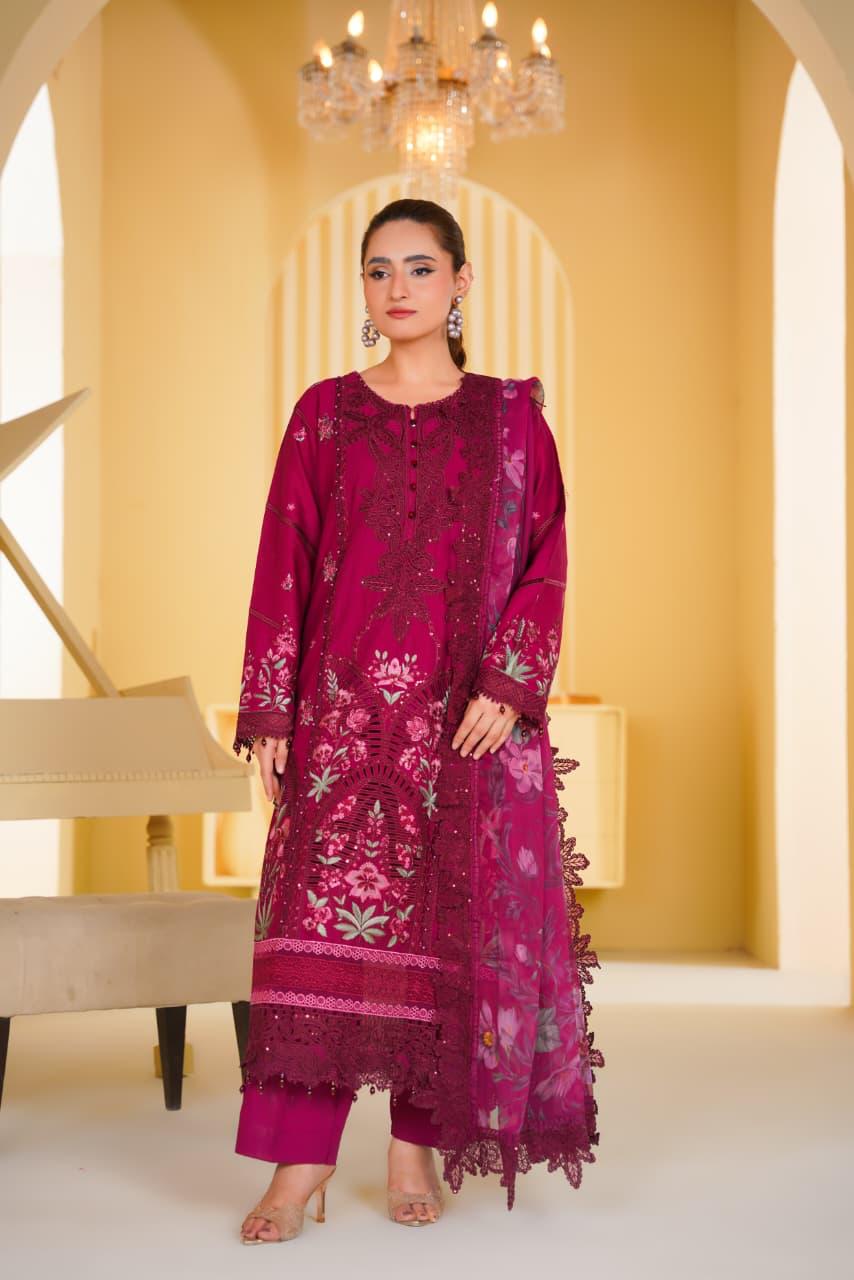 Women's Maroon Embroidered Cotton 3 Piece Suit with Printed Dupatta