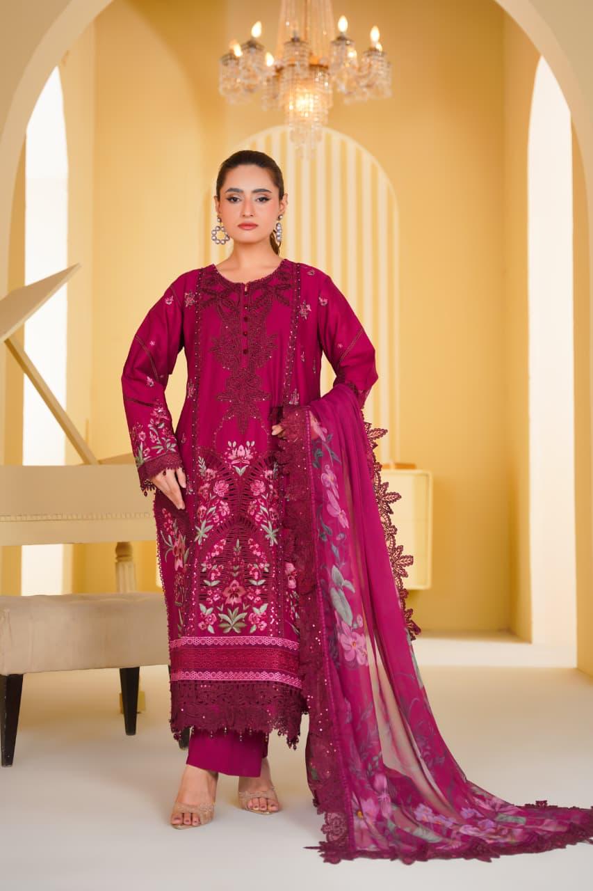 Women's Maroon Embroidered Cotton 3 Piece Suit with Printed Dupatta